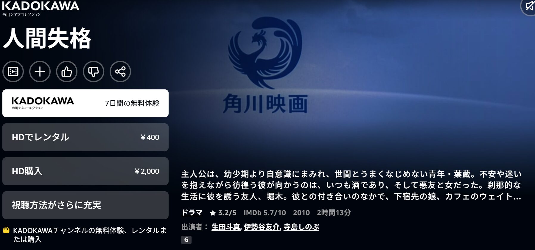 Amazonプライムの人間失格（生田斗真）配信画像