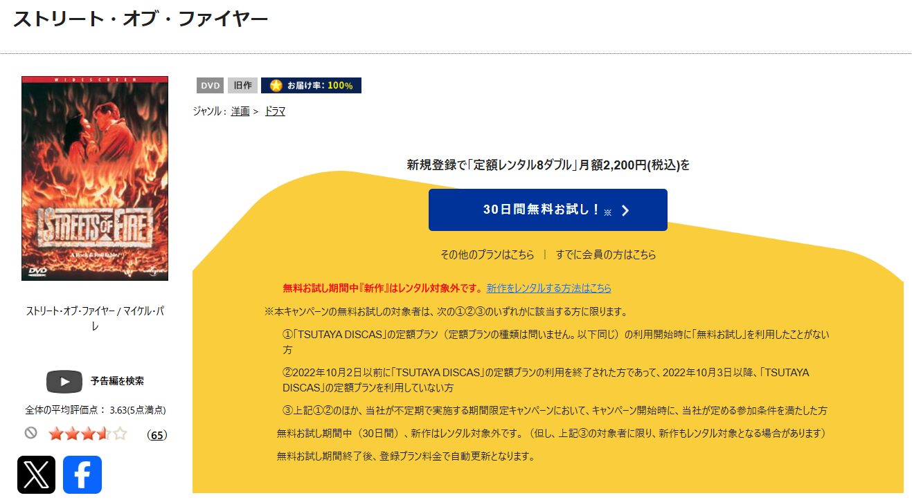TSUTAYA DISCASのストリート・オブ・ファイヤー