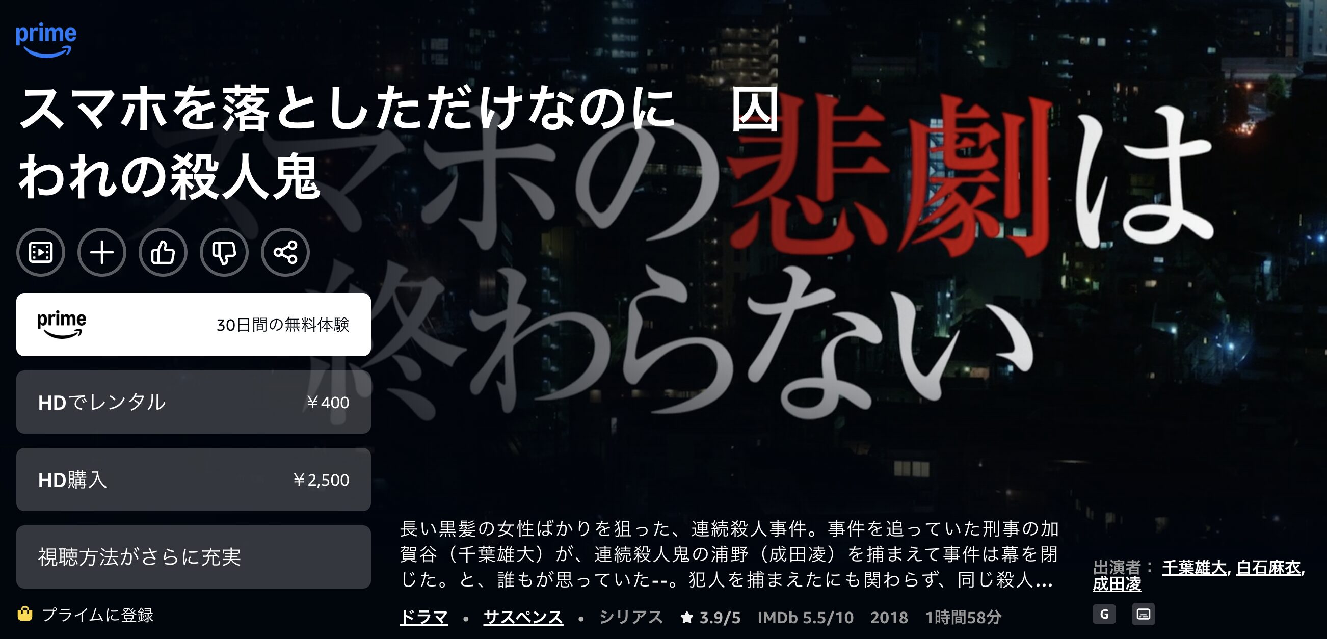 Amazonプライムのスマホを落としただけなのに 囚われの殺人鬼配信画像
