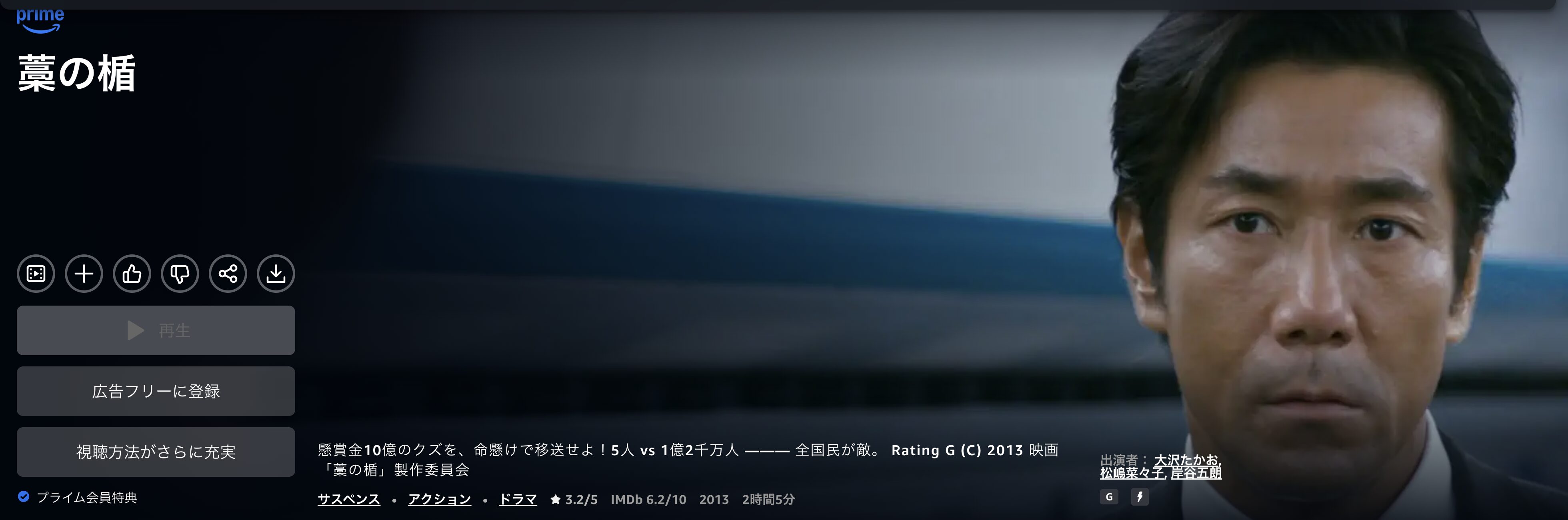 Amazonプライムの藁の楯 わらのたて配信画像