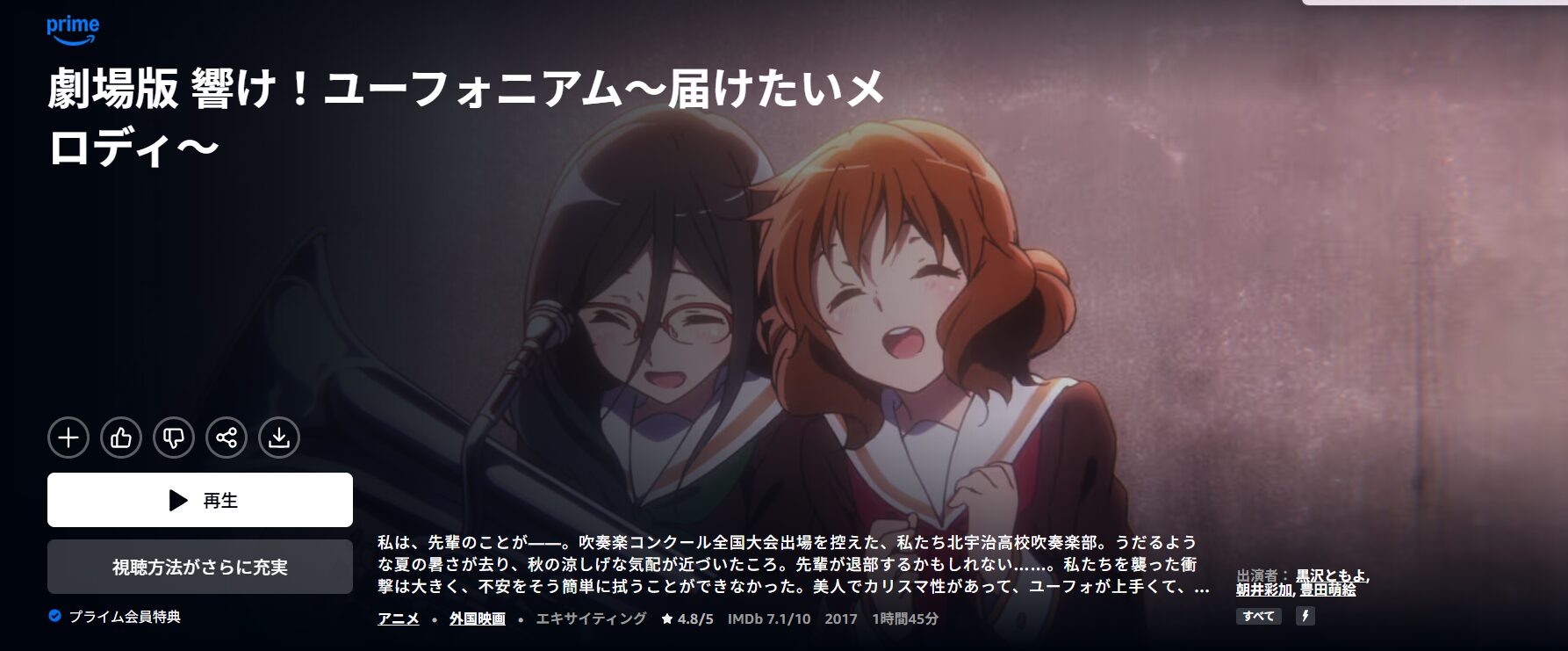 Amazonプライムの劇場版 響け！ユーフォニアム〜届けたいメロディ〜配信画像